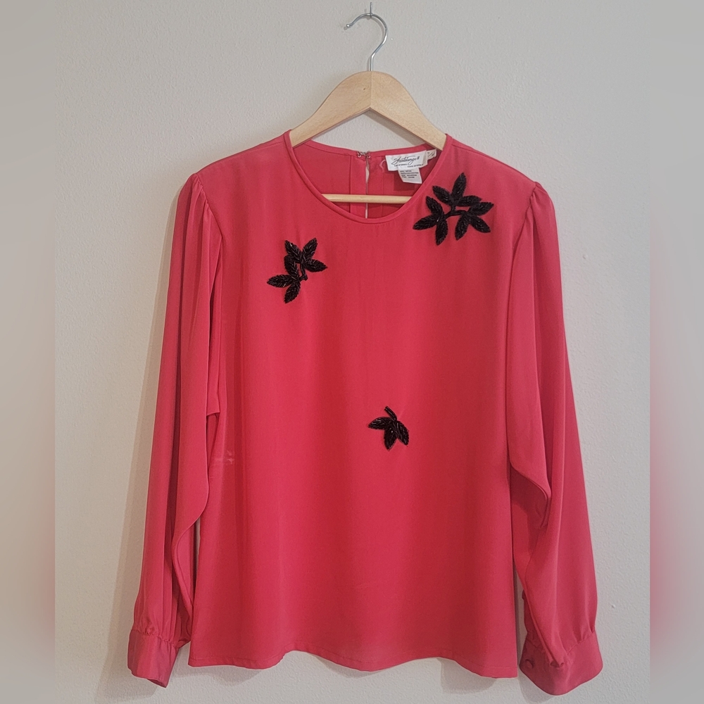 Elegant Pink Blouse with Black Floral Accents